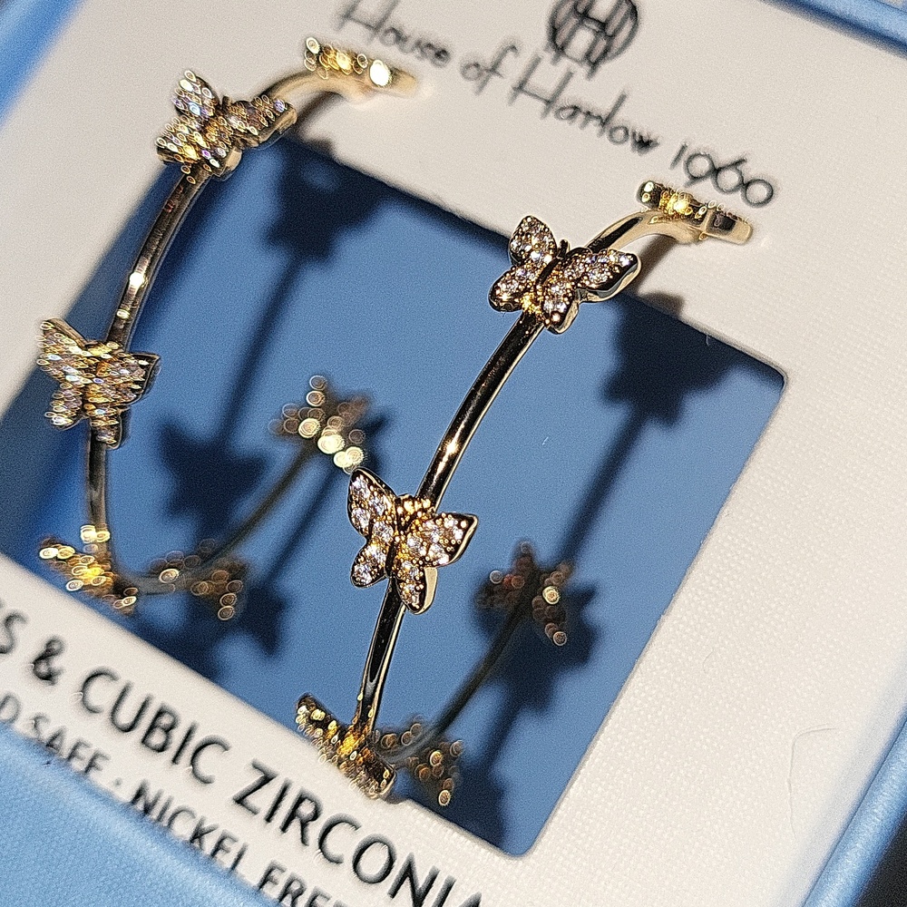 House of Harlow 1960 Gold Butterfly Drop Hoop Earrings Bnib Te M